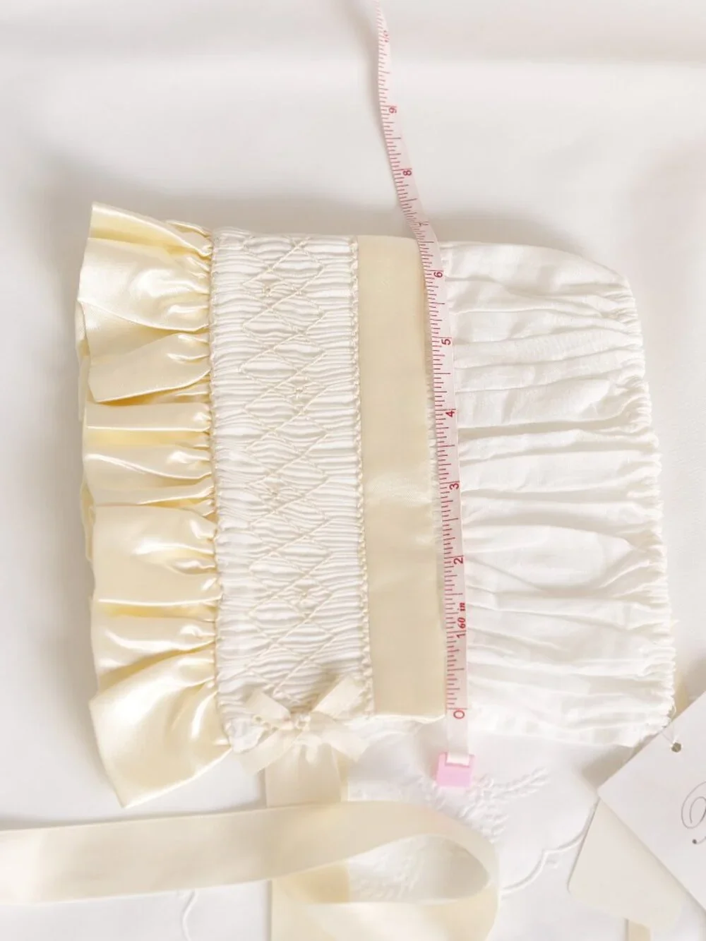 Strasburg White Smocked Bonnet w/ Ivory Satin Trim RARE FIND Special Occassion